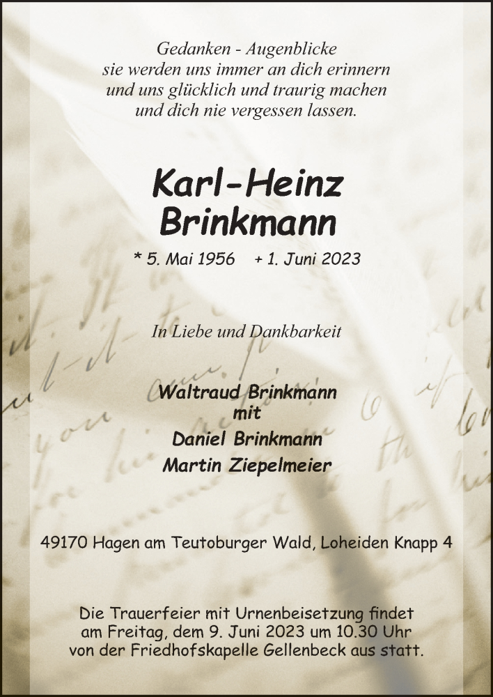  Traueranzeige für Karl-Heinz Brinkmann vom 05.06.2023 aus Neue Osnabrücker Zeitung GmbH & Co. KG