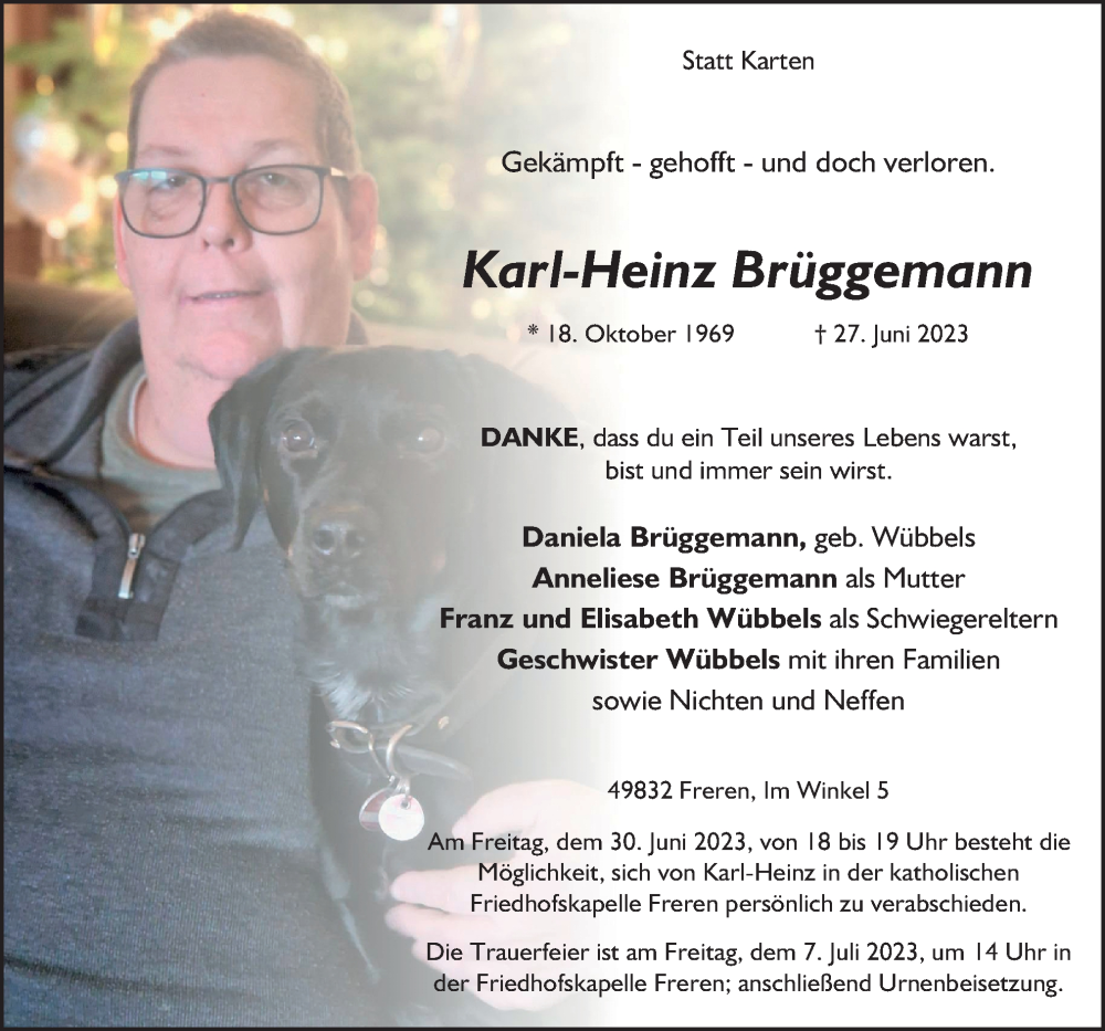  Traueranzeige für Karl-Heinz Brüggemann vom 29.06.2023 aus Neue Osnabrücker Zeitung GmbH & Co. KG