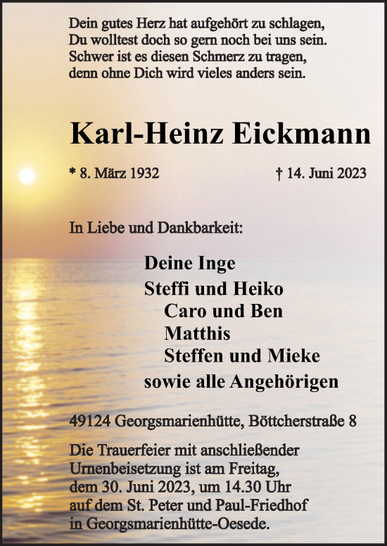 Traueranzeige von Karl-Heinz Eickmann von Neue Osnabrücker Zeitung GmbH & Co. KG