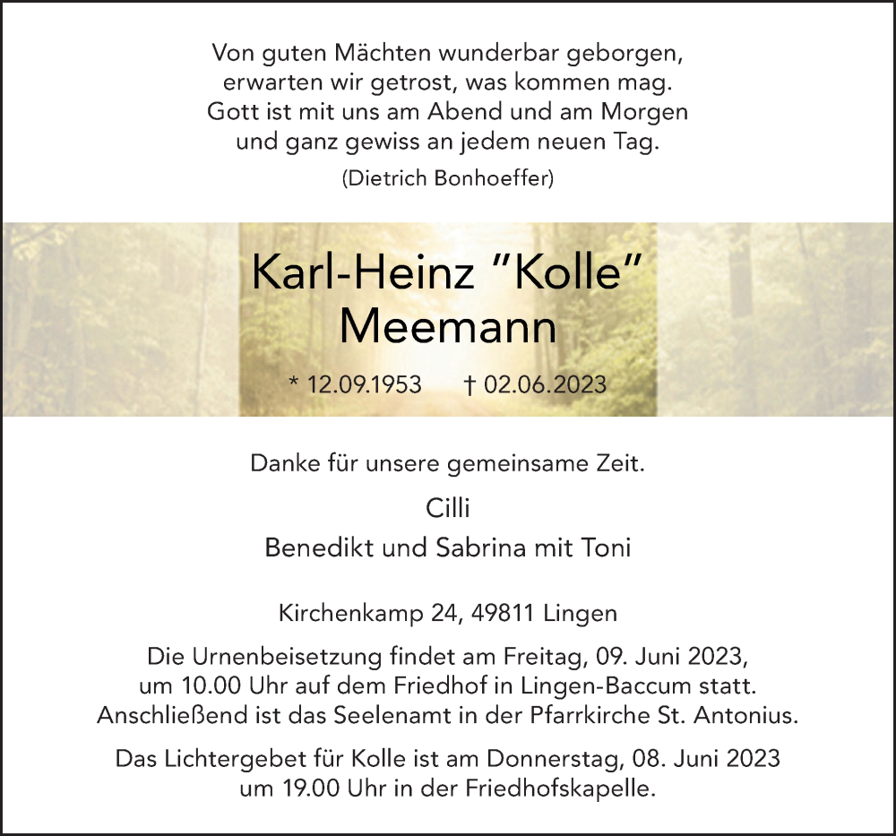  Traueranzeige für Karl-Heinz Meemann vom 06.06.2023 aus Neue Osnabrücker Zeitung GmbH & Co. KG