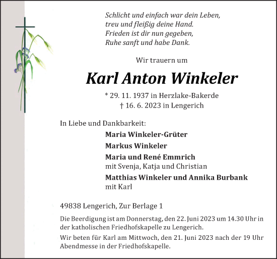 Traueranzeige von Karl Anton Winkeler von Neue Osnabrücker Zeitung GmbH & Co. KG