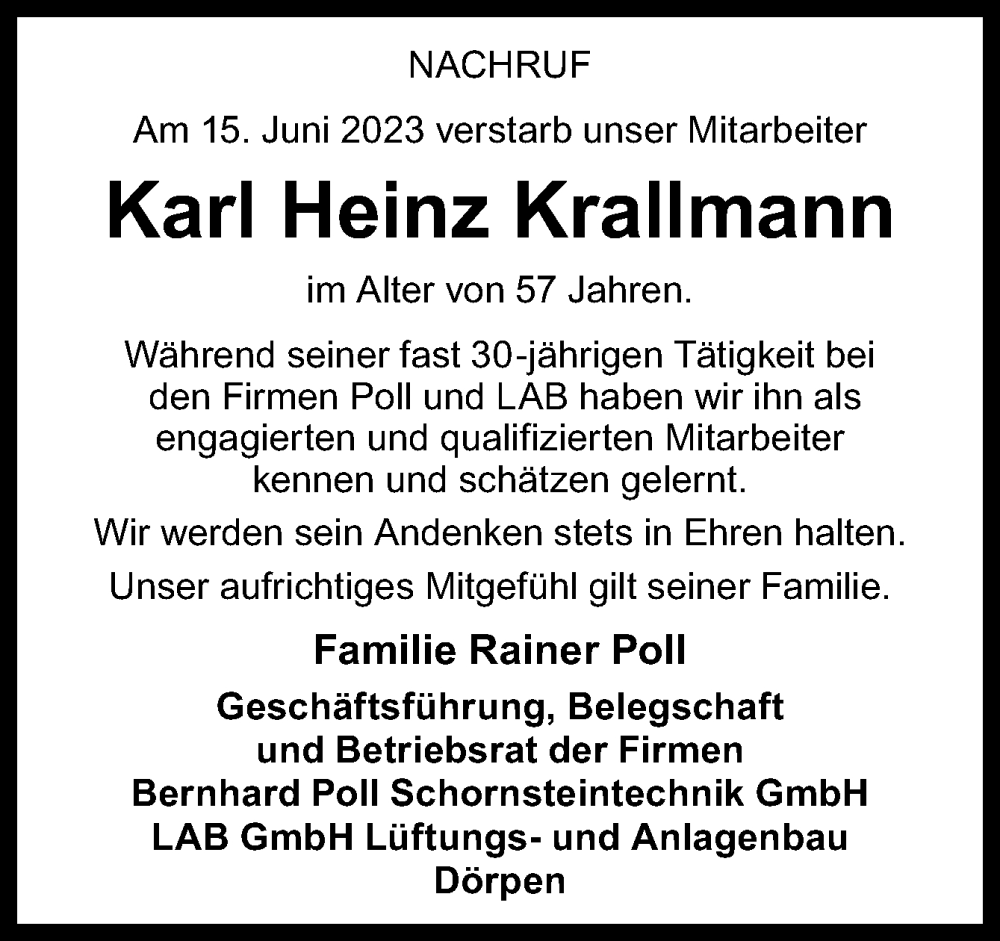  Traueranzeige für Karl Heinz Krallmann vom 22.06.2023 aus Neue Osnabrücker Zeitung GmbH & Co. KG