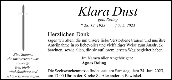 Traueranzeige von Klara Dust von Neue Osnabrücker Zeitung GmbH & Co. KG