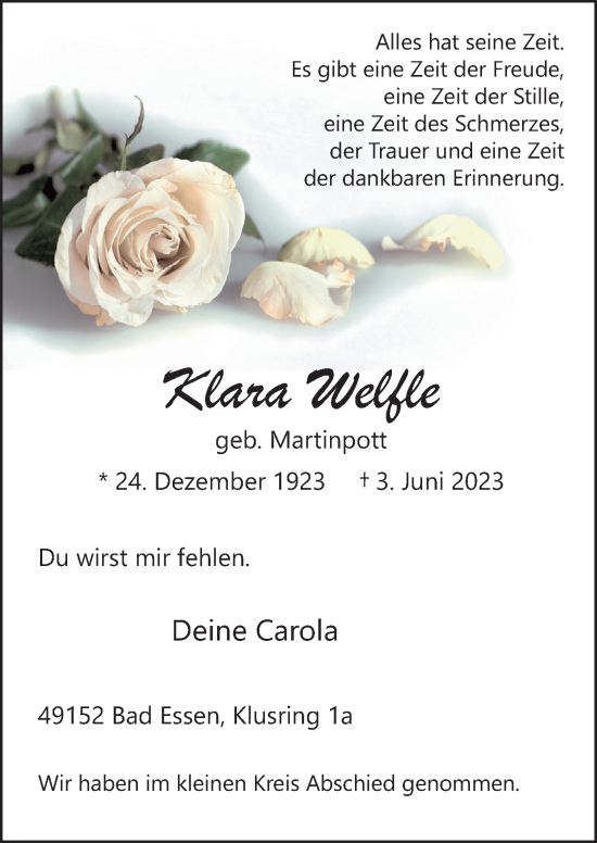Traueranzeige von Klara Welfle von Neue Osnabrücker Zeitung GmbH & Co. KG