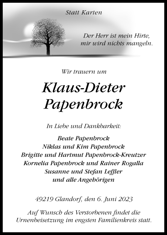 Traueranzeige von Klaus-Dieter Papenbrock von Neue Osnabrücker Zeitung GmbH & Co. KG