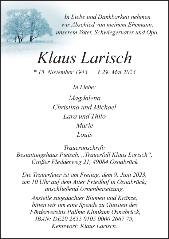 Traueranzeige von Klaus Larisch von Neue Osnabrücker Zeitung GmbH & Co. KG