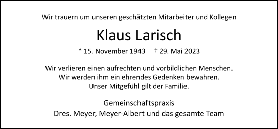 Traueranzeige von Klaus Larisch von Neue Osnabrücker Zeitung GmbH & Co. KG