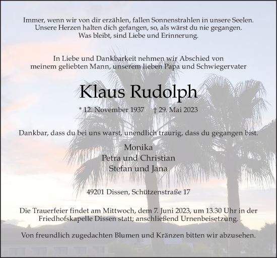 Traueranzeige von Klaus Rudolph von Neue Osnabrücker Zeitung GmbH & Co. KG