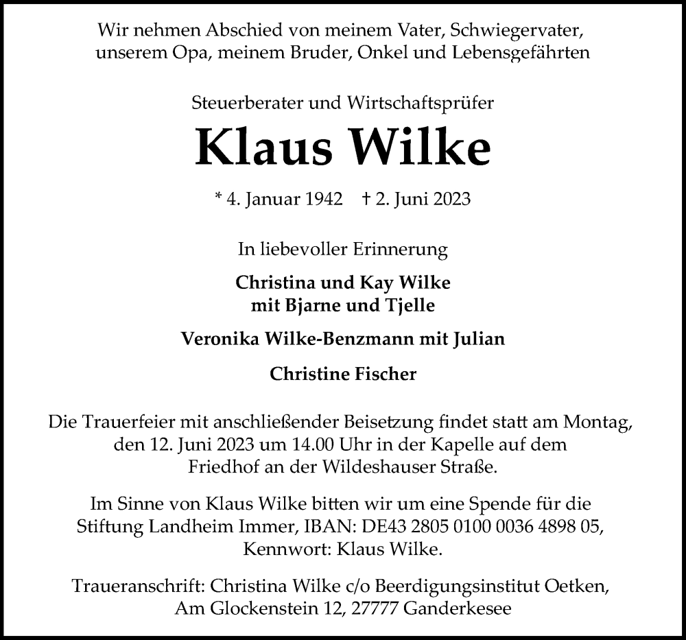  Traueranzeige für Klaus Wilke vom 07.06.2023 aus DK Medien GmbH & Co. KG