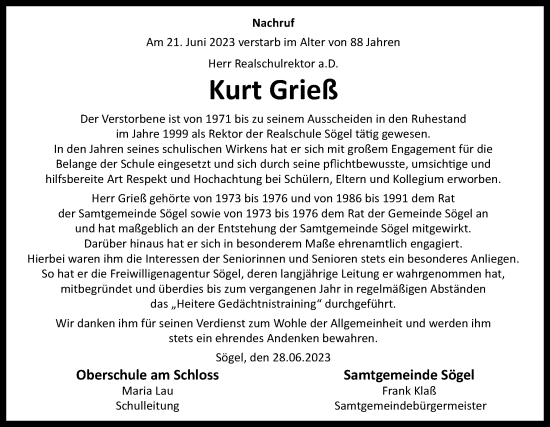 Traueranzeige von Kurt Grieß von Neue Osnabrücker Zeitung GmbH & Co. KG