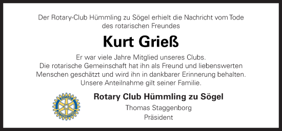 Traueranzeige von Kurt Grieß von Neue Osnabrücker Zeitung GmbH & Co. KG