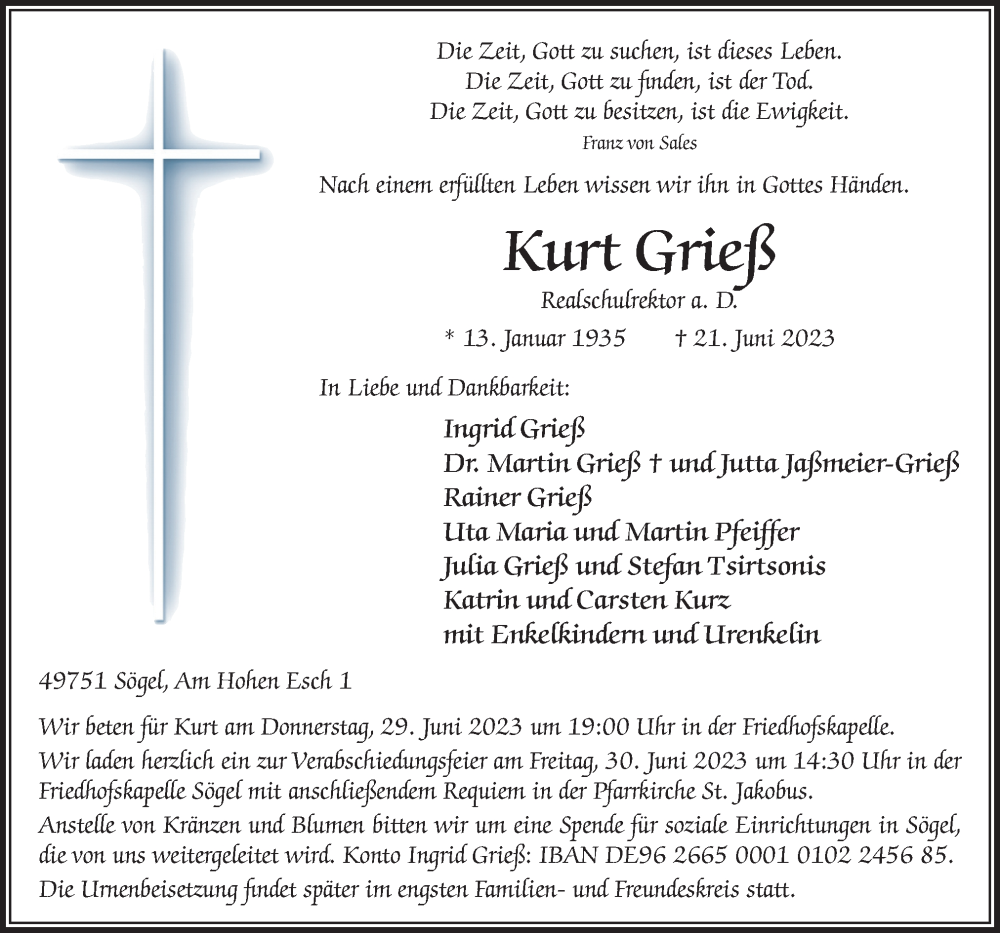  Traueranzeige für Kurt Grieß vom 24.06.2023 aus Neue Osnabrücker Zeitung GmbH & Co. KG