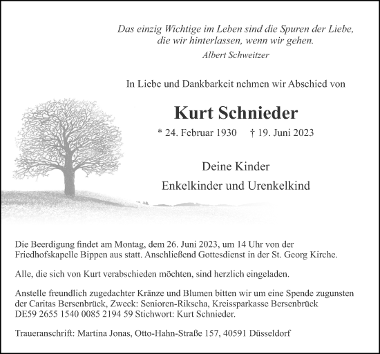 Traueranzeige von Kurt Schnieder von Neue Osnabrücker Zeitung GmbH & Co. KG