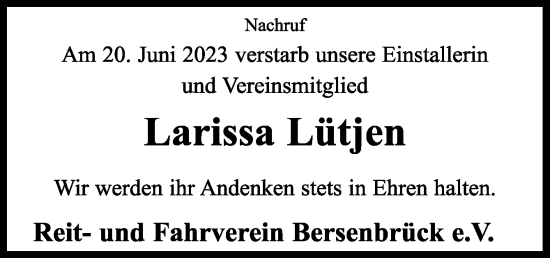 Traueranzeige von Larissa Lütjen von Neue Osnabrücker Zeitung GmbH & Co. KG