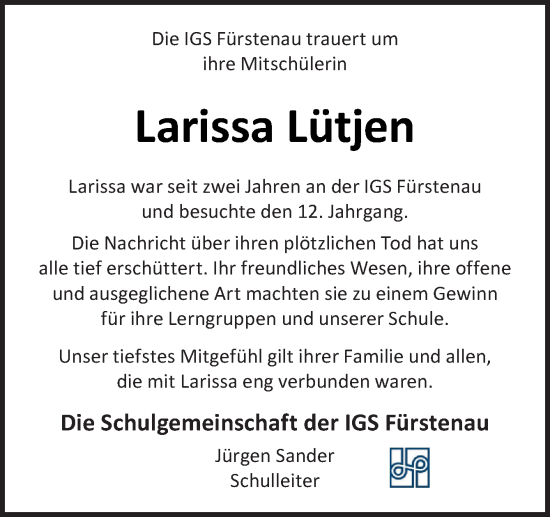 Traueranzeige von Larissa Lütjen von Neue Osnabrücker Zeitung GmbH & Co. KG