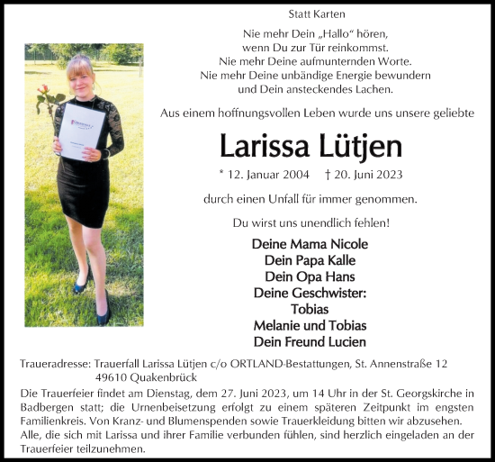 Traueranzeige von Larissa Lütjen von Neue Osnabrücker Zeitung GmbH & Co. KG