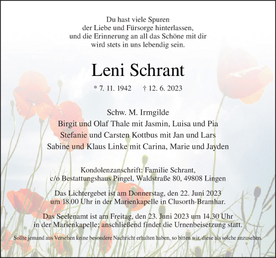 Traueranzeige von Leni Schrant von Neue Osnabrücker Zeitung GmbH & Co. KG