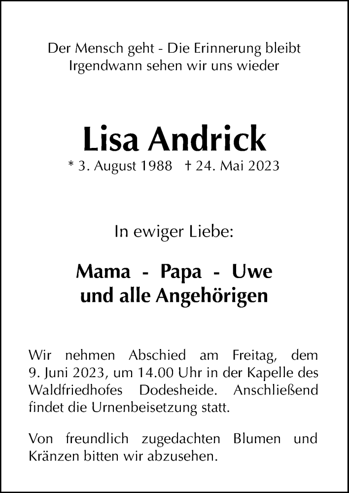  Traueranzeige für Lisa Andrick vom 03.06.2023 aus Neue Osnabrücker Zeitung GmbH & Co. KG