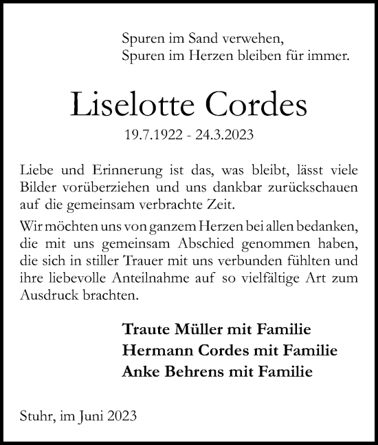 Traueranzeige von Liselotte Cordes von DK Medien GmbH & Co. KG