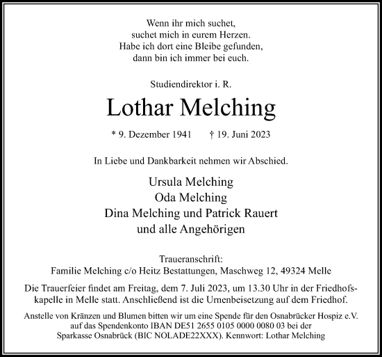 Traueranzeige von Lothar Melching von Neue Osnabrücker Zeitung GmbH & Co. KG