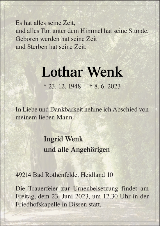 Traueranzeige von Lothar Wenk von Neue Osnabrücker Zeitung GmbH & Co. KG