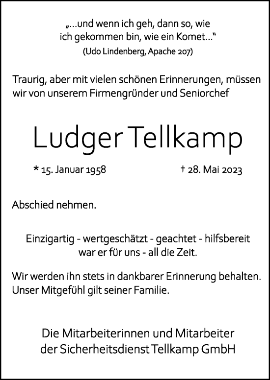 Traueranzeige von Ludger Tellkamp von Neue Osnabrücker Zeitung GmbH & Co. KG