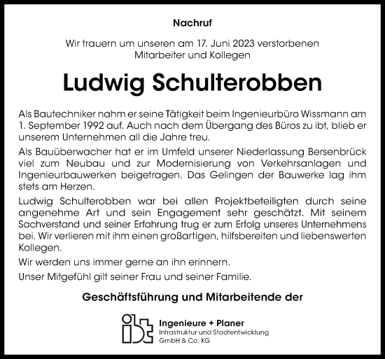 Traueranzeige von Ludwig Schulterobben von Neue Osnabrücker Zeitung GmbH & Co. KG