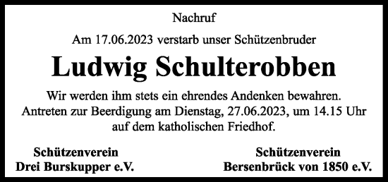 Traueranzeige von Ludwig Schulterobben von Neue Osnabrücker Zeitung GmbH & Co. KG