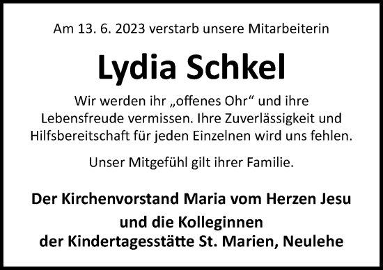 Traueranzeige von Lydia Schkel von Neue Osnabrücker Zeitung GmbH & Co. KG