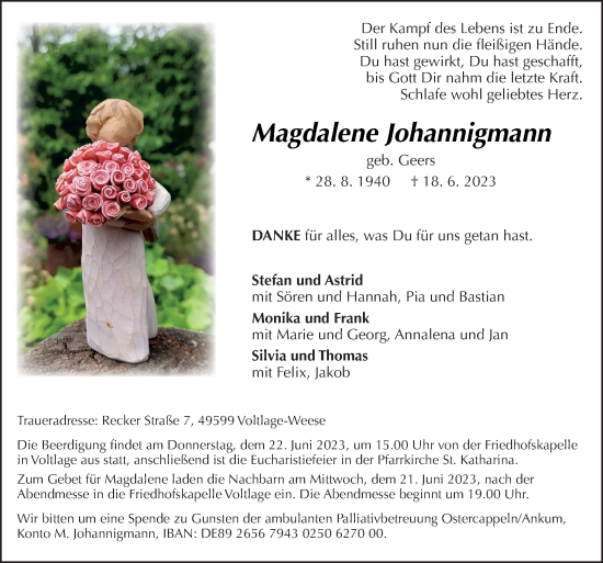 Traueranzeige von Magdalene Johannigmann von Neue Osnabrücker Zeitung GmbH & Co. KG