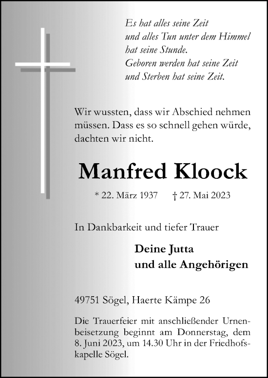 Traueranzeige von Manfred Kloock von Neue Osnabrücker Zeitung GmbH & Co. KG