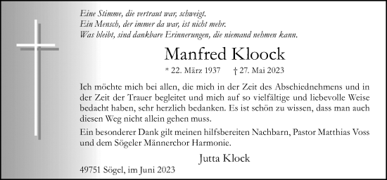 Traueranzeige von Manfred Kloock von Neue Osnabrücker Zeitung GmbH & Co. KG