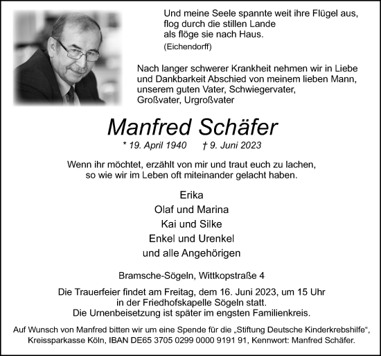 Traueranzeige von Manfred Schäfer von Neue Osnabrücker Zeitung GmbH & Co. KG