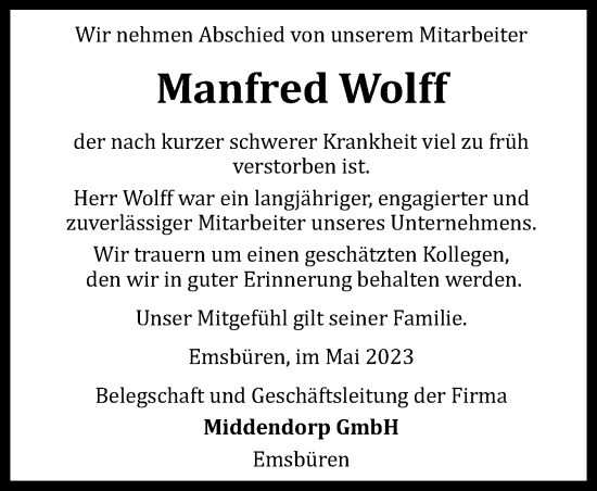 Traueranzeige von Manfred Wolff von Neue Osnabrücker Zeitung GmbH & Co. KG
