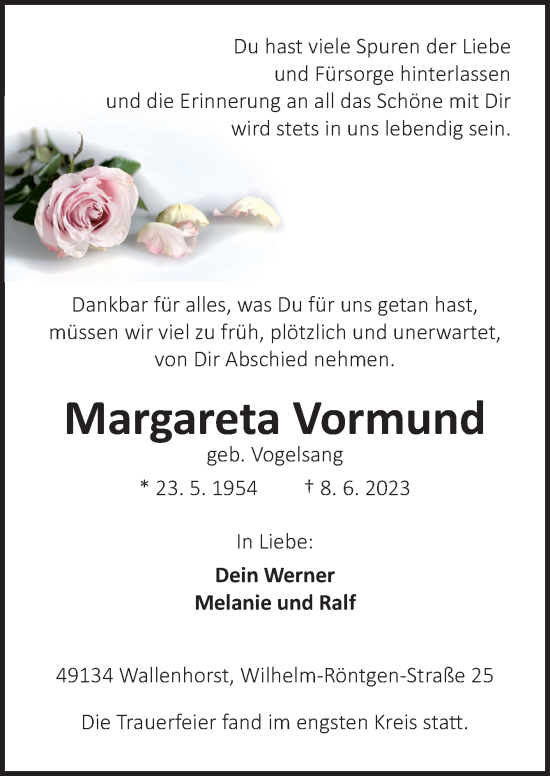 Traueranzeige von Margareta Vormund von Neue Osnabrücker Zeitung GmbH & Co. KG