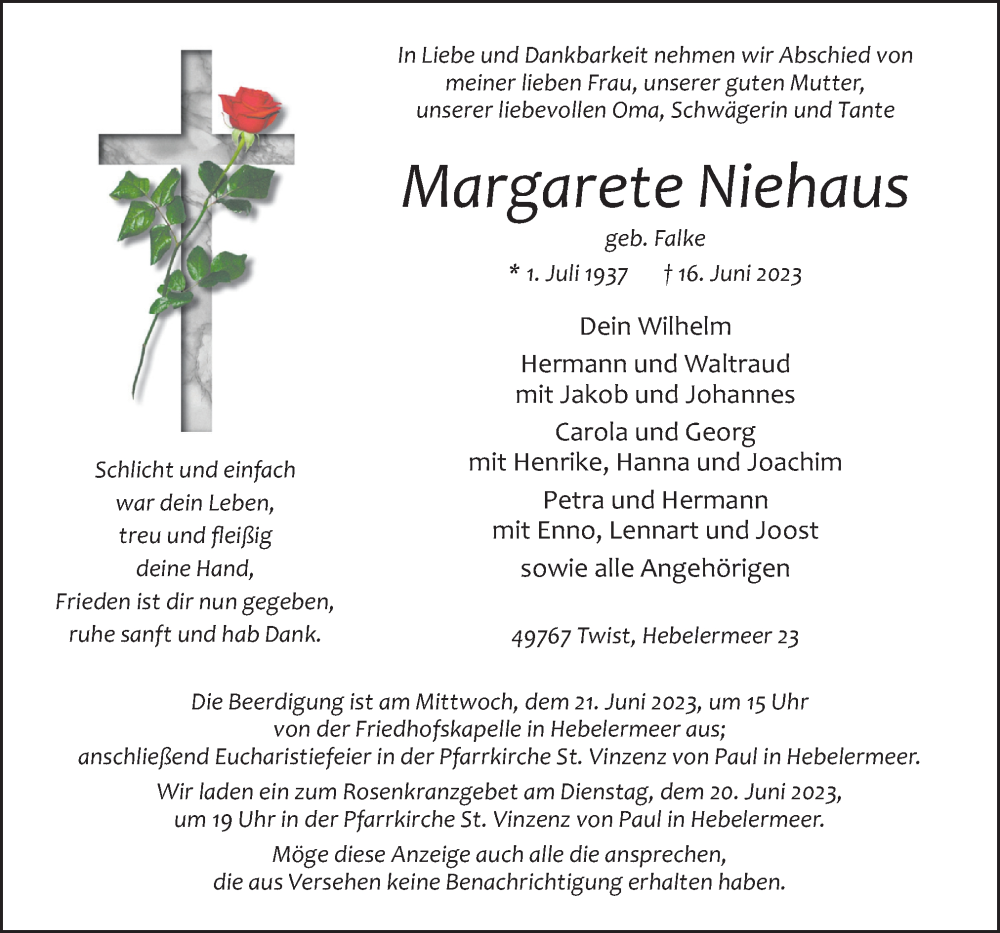  Traueranzeige für Margarete Niehaus vom 19.06.2023 aus Neue Osnabrücker Zeitung GmbH & Co. KG