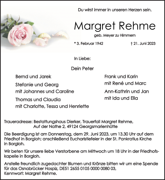 Traueranzeige von Margret Rehme von Neue Osnabrücker Zeitung GmbH & Co. KG