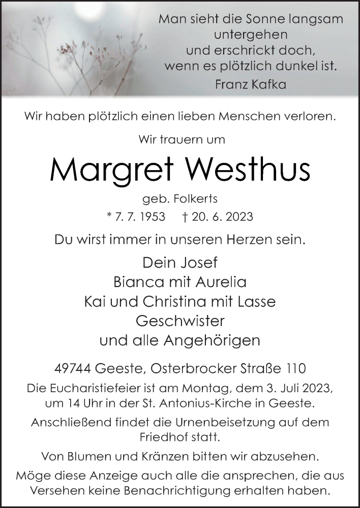  Traueranzeige für Margret Westhus vom 24.06.2023 aus Neue Osnabrücker Zeitung GmbH & Co. KG