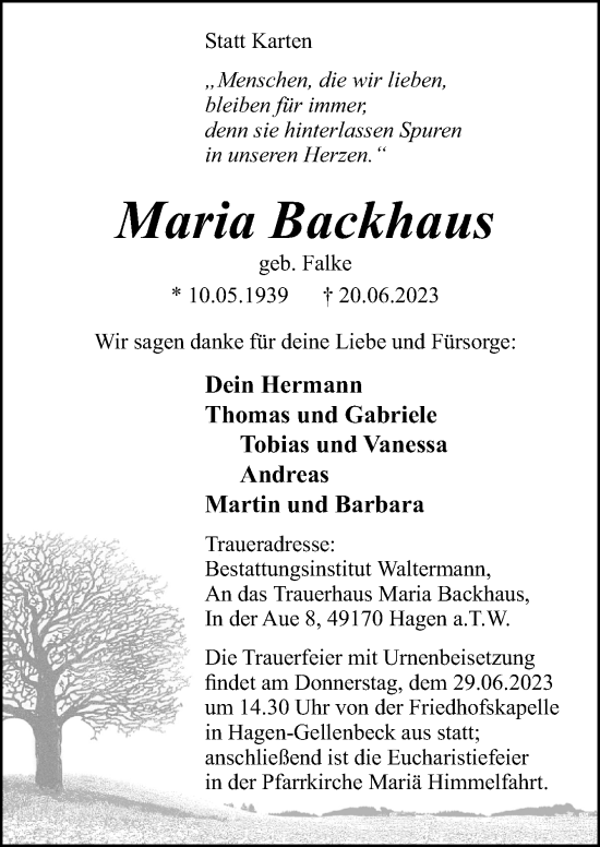 Traueranzeige von Maria Backhaus von Neue Osnabrücker Zeitung GmbH & Co. KG
