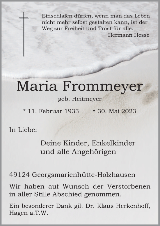 Traueranzeige von Maria Frommeyer von Neue Osnabrücker Zeitung GmbH & Co. KG