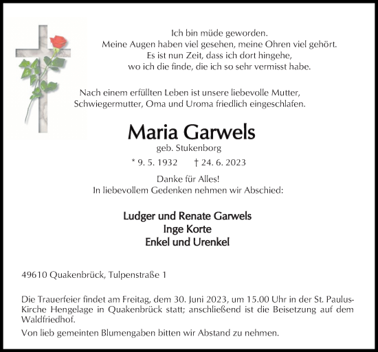 Traueranzeige von Maria Garwels von Neue Osnabrücker Zeitung GmbH & Co. KG