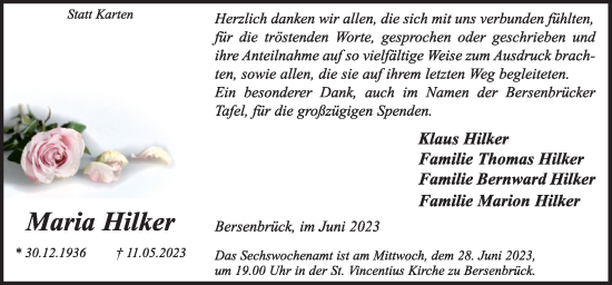 Traueranzeige von Maria Hilker von Neue Osnabrücker Zeitung GmbH & Co. KG