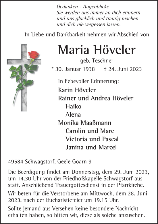 Traueranzeige von Maria Höveler von Neue Osnabrücker Zeitung GmbH & Co. KG