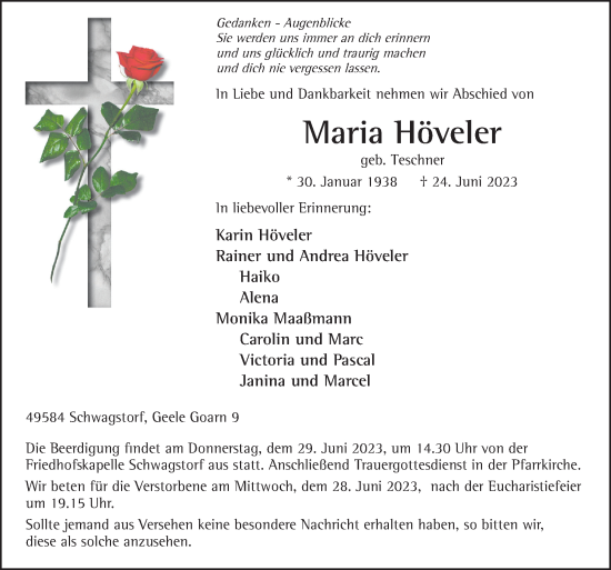 Traueranzeige von Maria Höveler von Neue Osnabrücker Zeitung GmbH & Co. KG