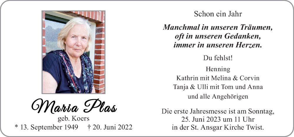  Traueranzeige für Maria Plas vom 17.06.2023 aus Neue Osnabrücker Zeitung GmbH & Co. KG