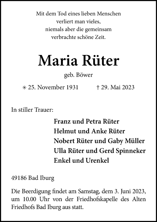 Traueranzeige von Maria Rüter von Neue Osnabrücker Zeitung GmbH & Co. KG