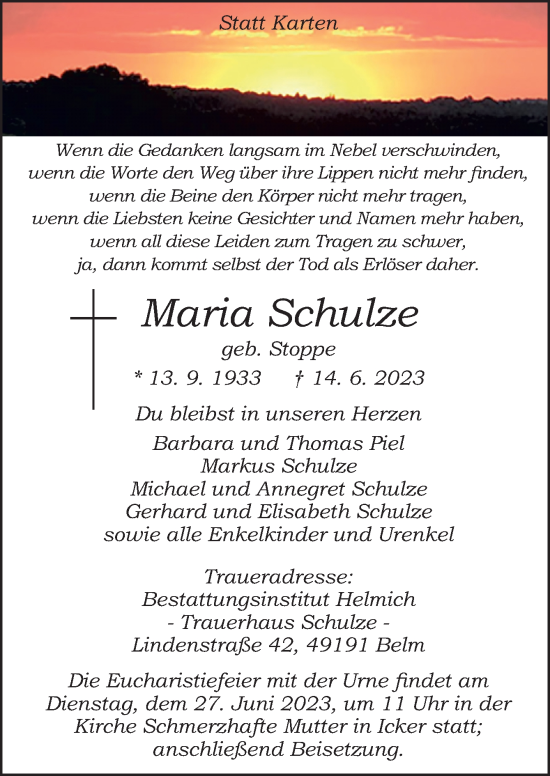 Traueranzeige von Maria Schulze von Neue Osnabrücker Zeitung GmbH & Co. KG