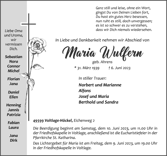 Traueranzeige von Maria Wulfern von Neue Osnabrücker Zeitung GmbH & Co. KG