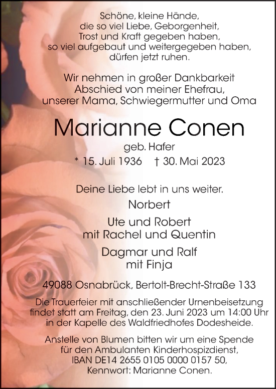 Traueranzeige von Marianne Conen von Neue Osnabrücker Zeitung GmbH & Co. KG