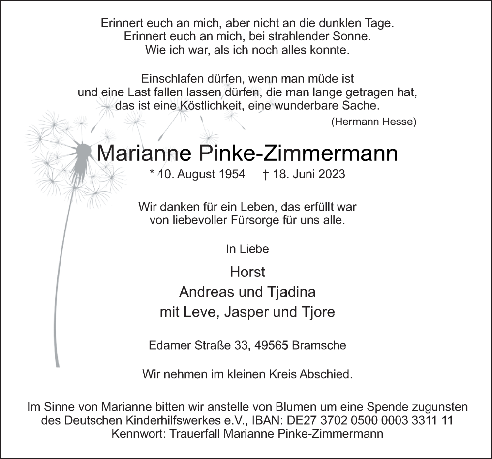  Traueranzeige für Marianne Pinke-Zimmermann vom 24.06.2023 aus Neue Osnabrücker Zeitung GmbH & Co. KG